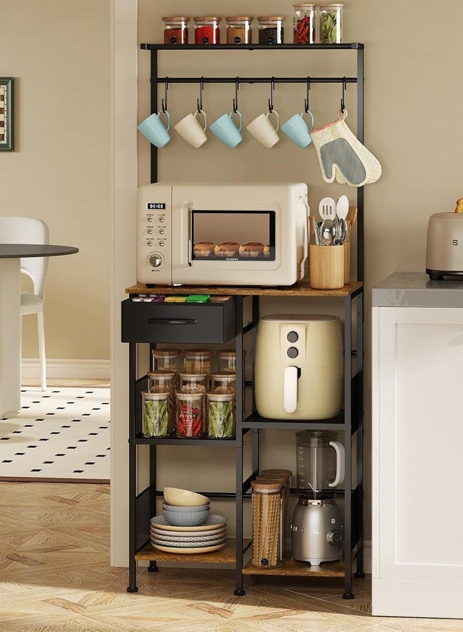 Forthcan 5-Tier Coffee Bar Station, Coffee Maker Stand with Drawer, Hooks & Wire Basket, Rustic Bakers Rack for Kitchen, Living Room or Café - Image 2